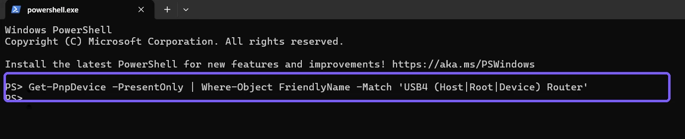 Present-only USB4 router PowerShell query outlined in purple