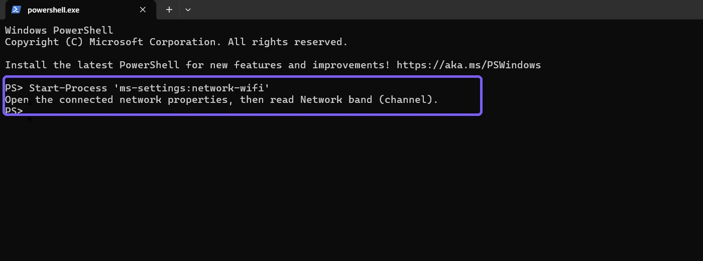 PowerShell showing the Windows 11 Wi-Fi Settings URI