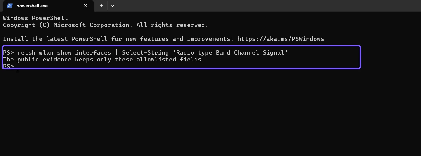 PowerShell showing a privacy-safe Wi-Fi interface query