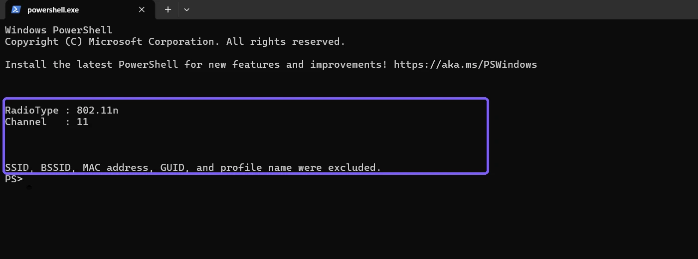 PowerShell result showing Wi-Fi radio type 802.11n and channel 11