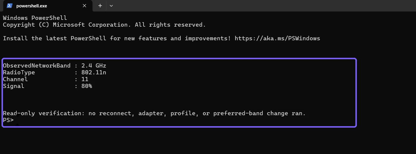 PowerShell result identifying the active Wi-Fi connection as 2.4 GHz