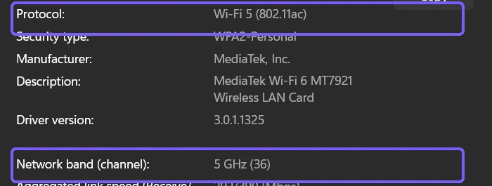Windows 11 Wi-Fi properties showing Protocol Wi-Fi 5 and the 5 GHz network band outlined in purple