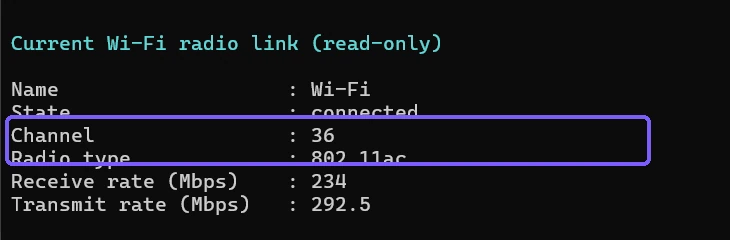 Privacy-filtered netsh WLAN interface output showing current 802.11ac radio type outlined in purple