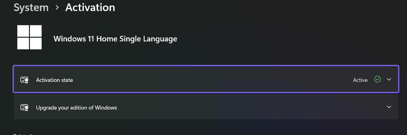 Windows 11 System Activation page with the Active status card outlined in purple