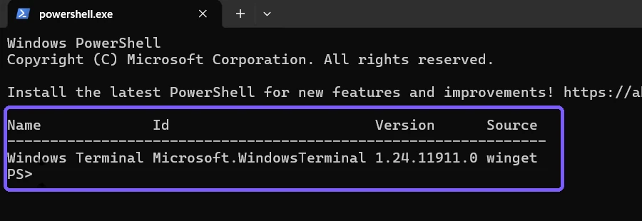 WinGet result showing Windows Terminal version 1.24.11911.0 outlined in purple