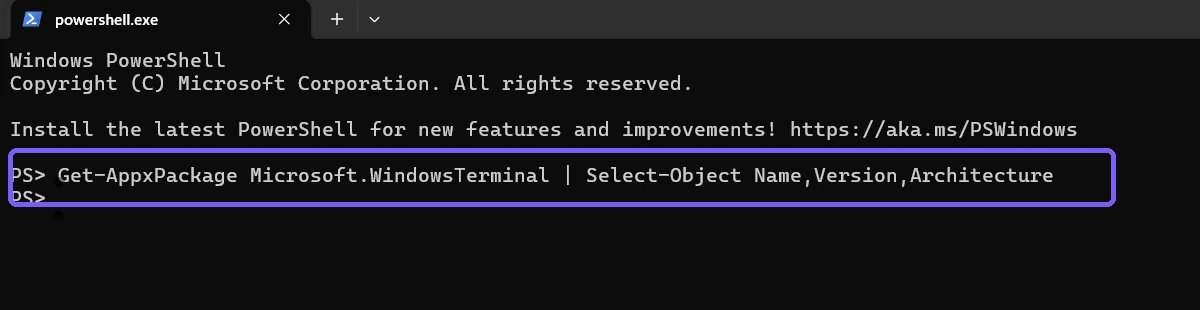 Windows Terminal showing the Get-AppxPackage version command outlined in purple