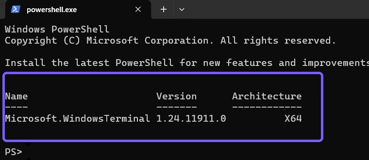 Get-AppxPackage result showing Windows Terminal version and x64 architecture outlined in purple