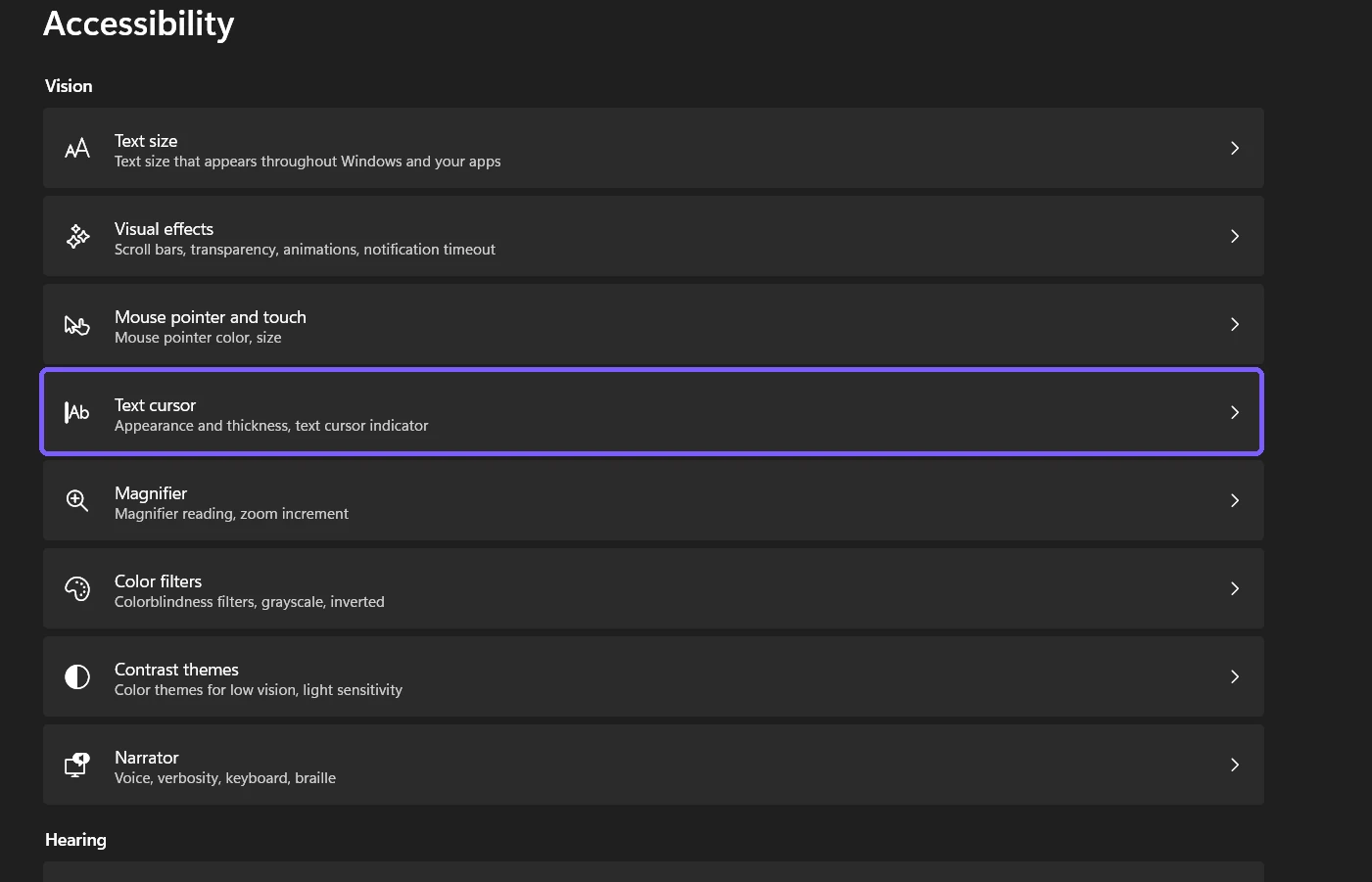 Windows 11 Accessibility settings with the Text cursor entry highlighted
