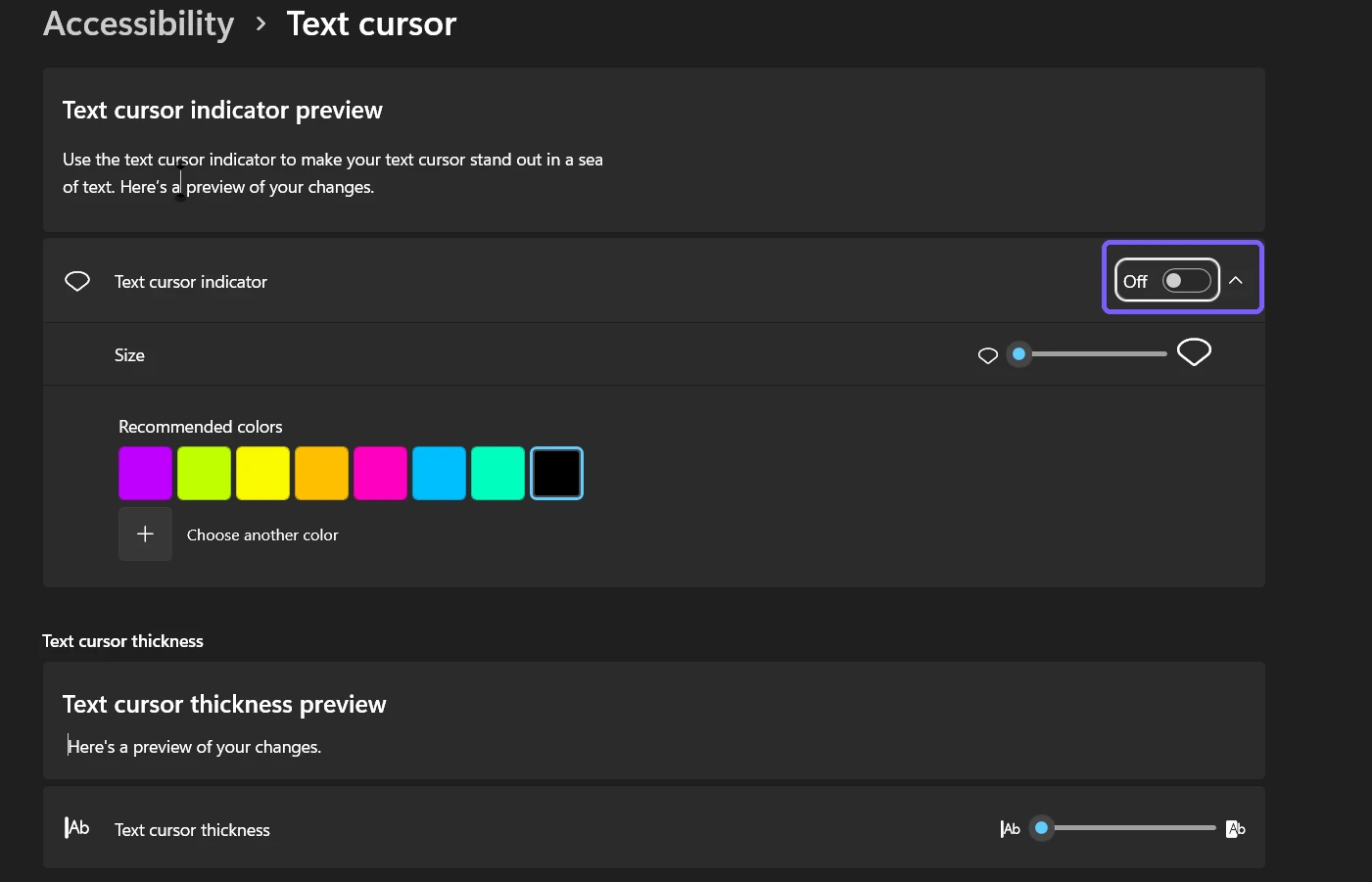 Text cursor settings with the Text cursor indicator switch turned off