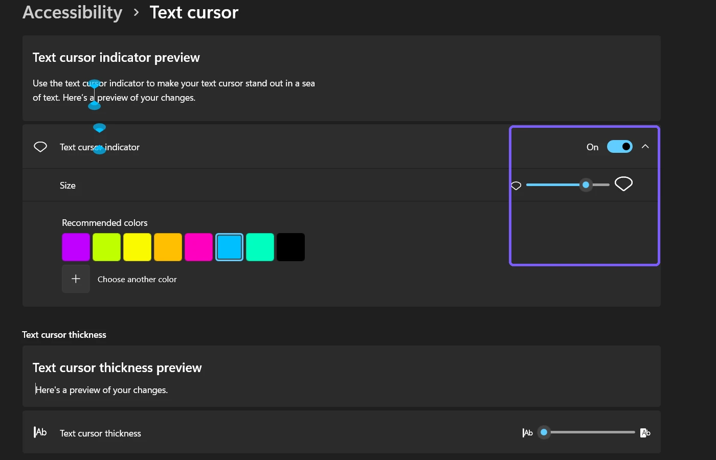 Text cursor indicator enabled at size four with the Turquoise recommended color selected