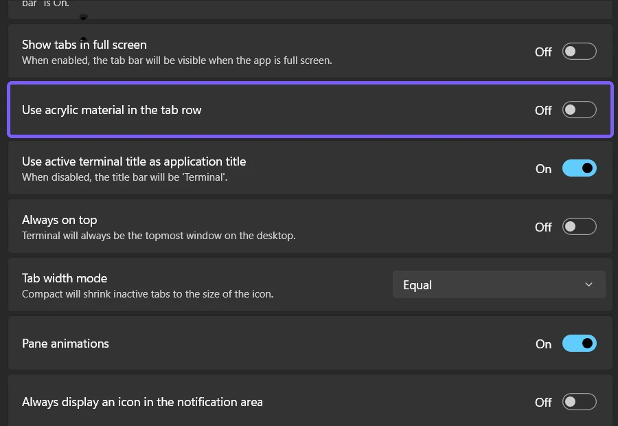 Fresh Windows Terminal Settings showing tab-row acrylic restored Off and outlined in purple