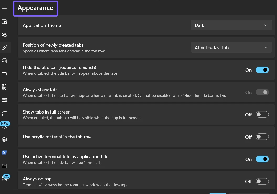 Windows Terminal Settings Appearance page with the Appearance heading outlined in purple