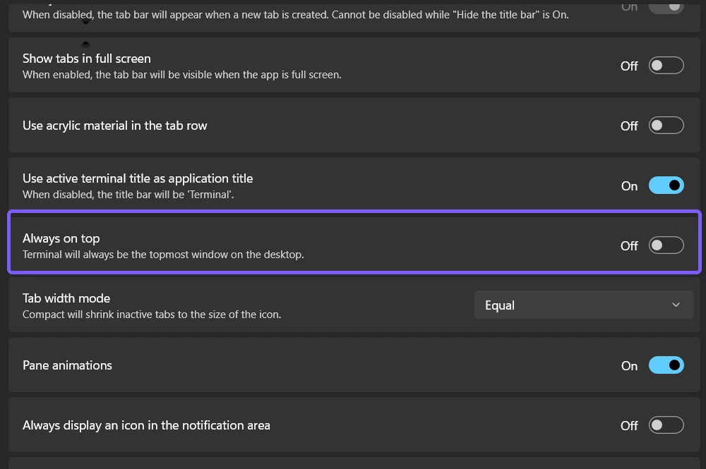 Windows Terminal Always on top setting Off with the row outlined in purple
