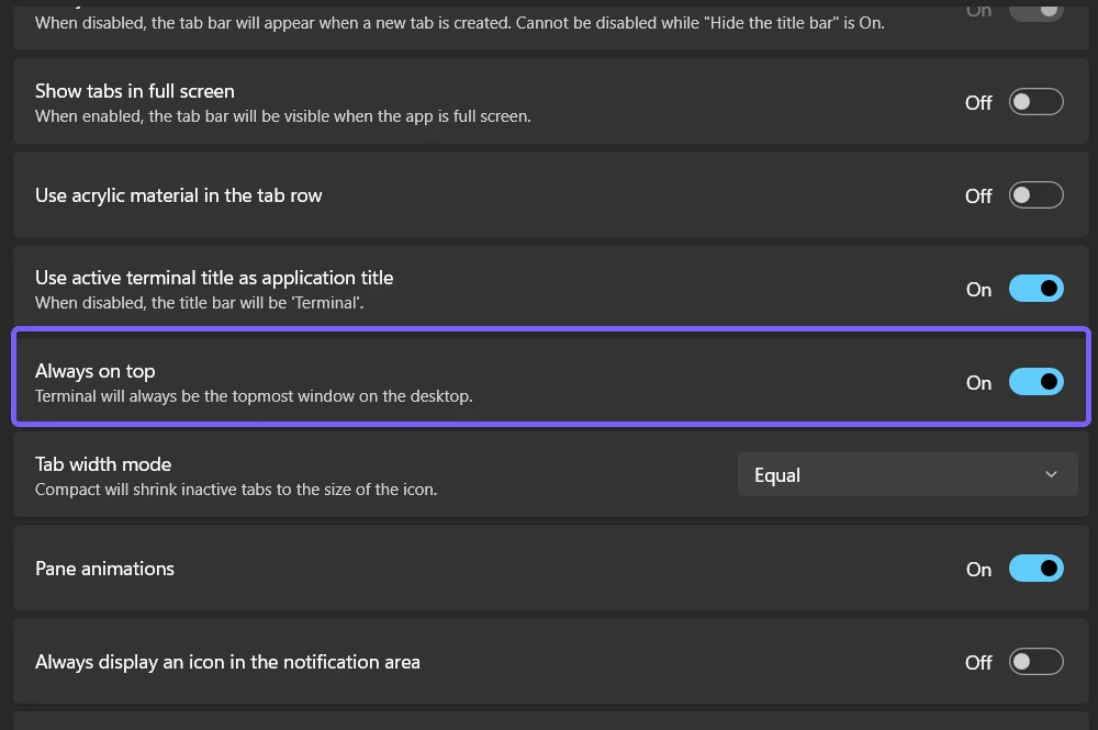Windows Terminal Always on top setting On with the row outlined in purple