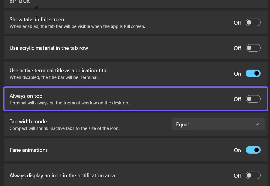 Fresh Windows Terminal Settings showing Always on top restored Off and outlined in purple