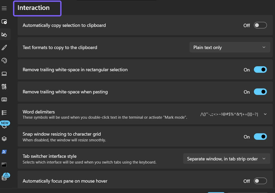 Windows Terminal Settings Interaction page with the Interaction heading outlined in purple