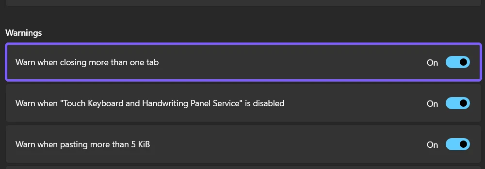 Windows Terminal Warn when closing more than one tab setting On with the row outlined in purple