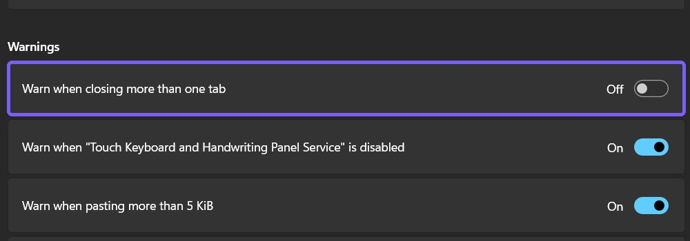 Windows Terminal Warn when closing more than one tab setting Off with the row outlined in purple