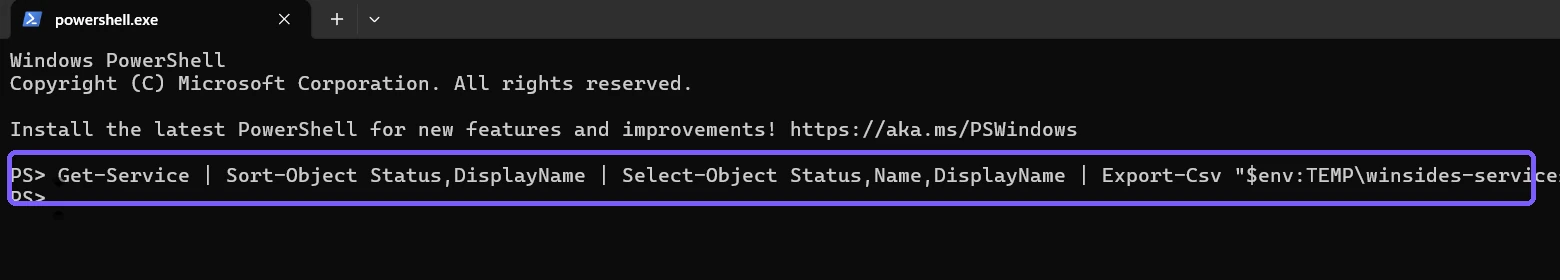 PowerShell services CSV export command outlined in purple