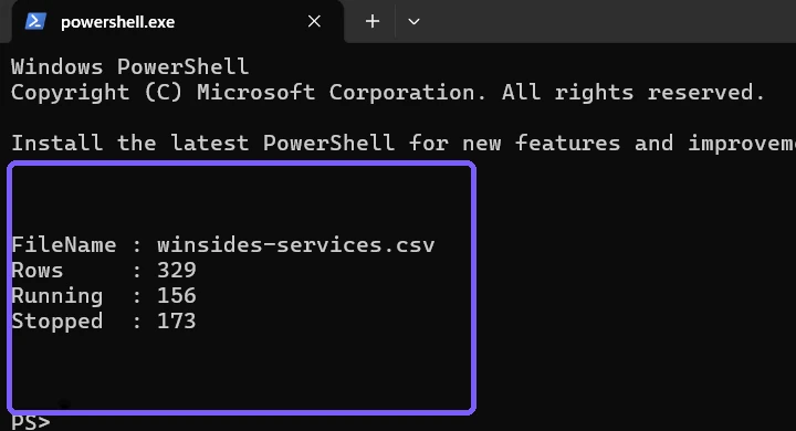 Services CSV export summary with row Running and Stopped counts outlined in purple