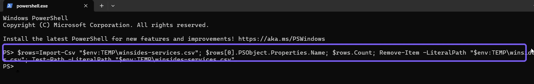 PowerShell CSV structure verification and cleanup command outlined in purple