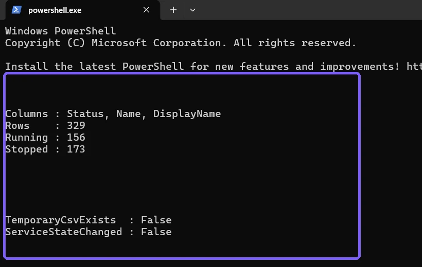 Services CSV verification and exact cleanup result outlined in purple