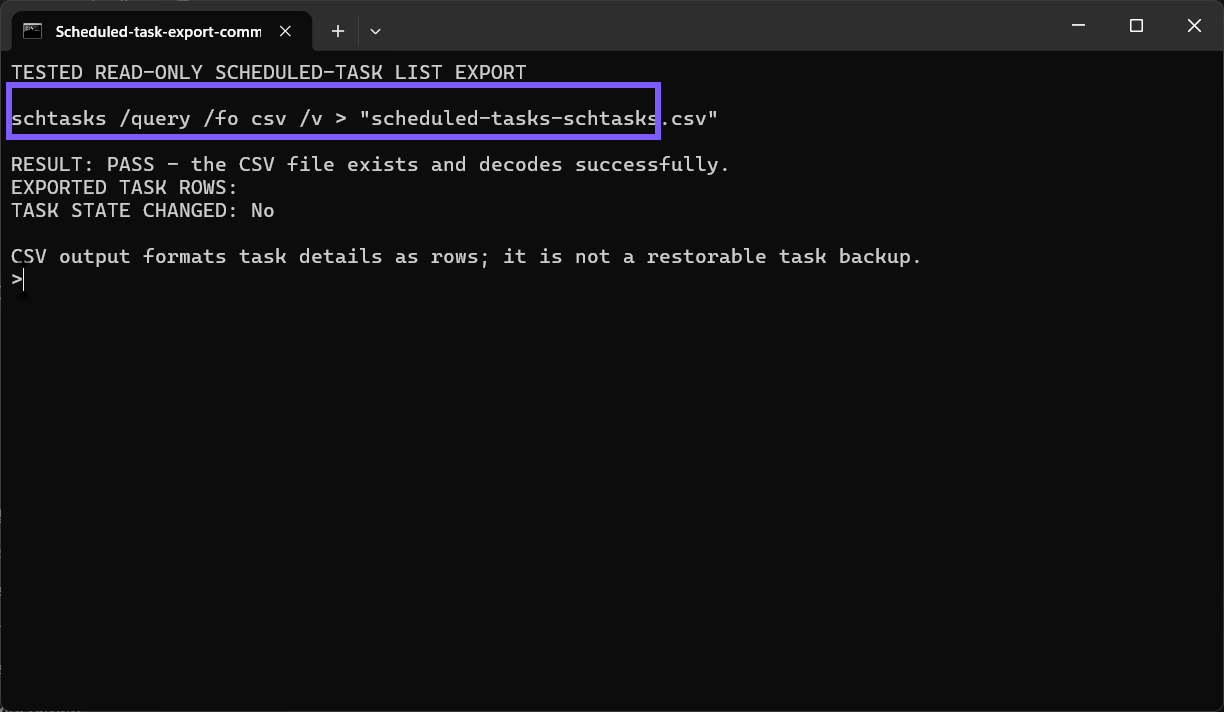 Command Prompt showing the schtasks verbose CSV export command and successful row-count check outlined in purple