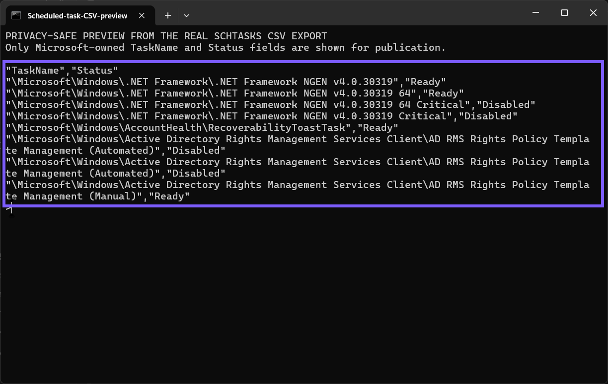 Windows Terminal showing a privacy-safe preview of eight Microsoft scheduled-task rows outlined in purple