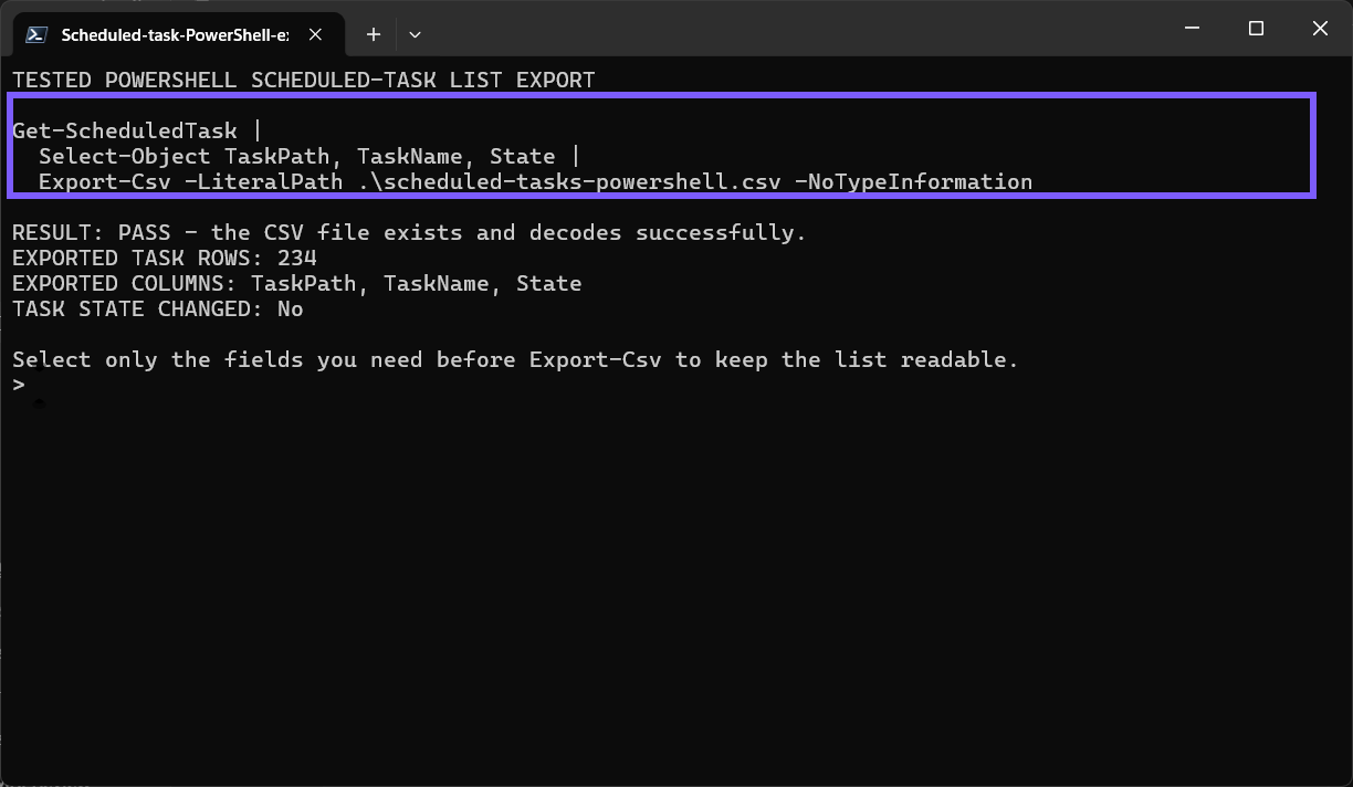 PowerShell showing the Get-ScheduledTask CSV export and verification result outlined in purple
