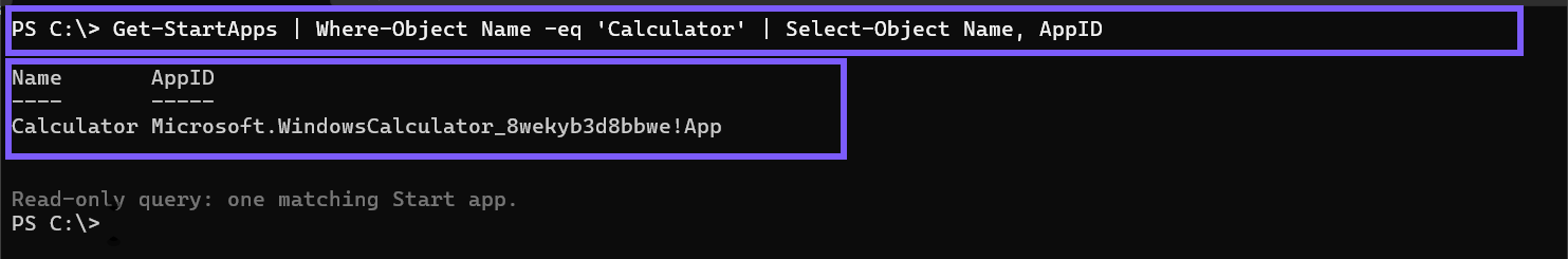 Windows PowerShell Get-StartApps query for Calculator with the command and returned AppID outlined in WinSides purple