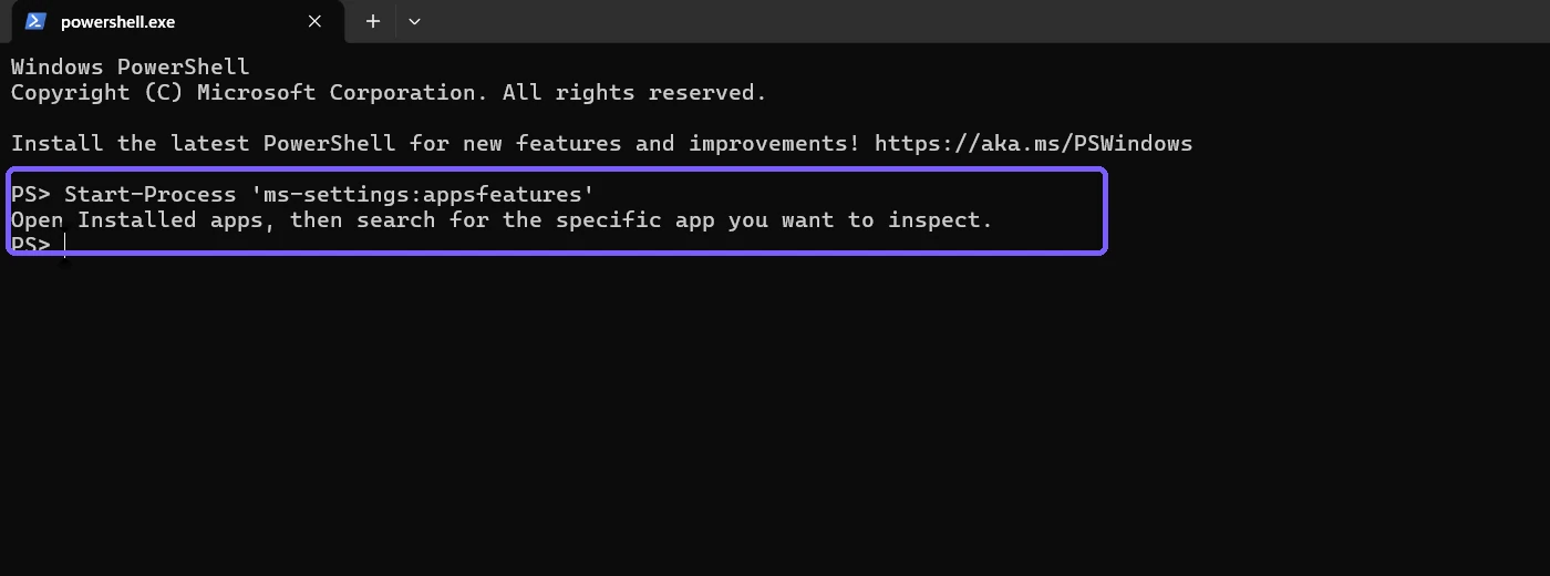 PowerShell showing the Windows 11 Installed apps Settings URI