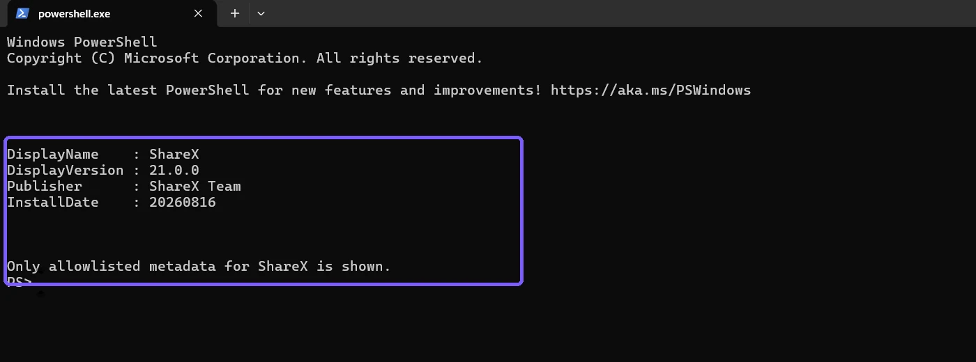 PowerShell result showing ShareX and its installer-recorded InstallDate