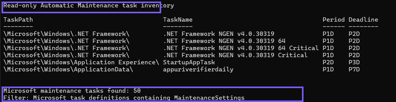Windows PowerShell list of Microsoft Automatic Maintenance tasks with the read-only heading and MaintenanceSettings count outlined in WinSides purple