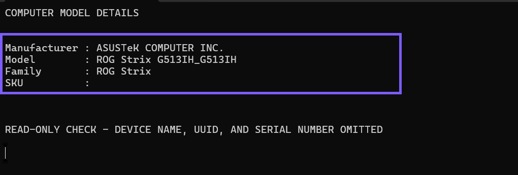 Windows PowerShell showing computer manufacturer, model, family, and SKU fields outlined in WinSides purple