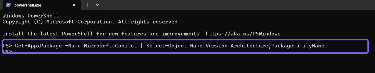Targeted Microsoft Copilot Appx version command outlined in purple