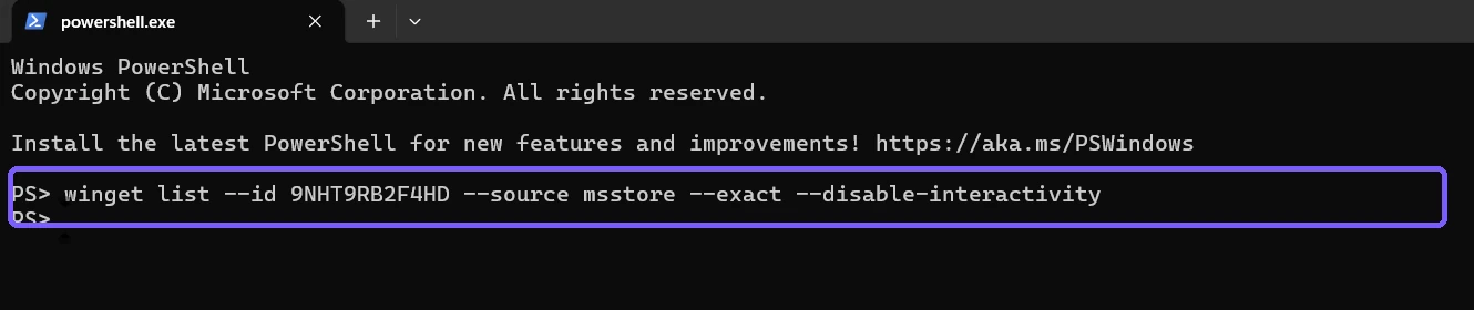 Exact WinGet Copilot Store ID version command outlined in purple