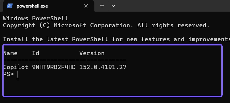 WinGet Copilot version 152.0.4191.27 and Store ID result outlined in purple