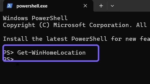 Windows Terminal showing the Get-WinHomeLocation command outlined in purple