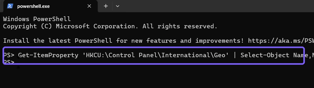Windows Terminal showing the read-only current-user Geo registry query outlined in purple