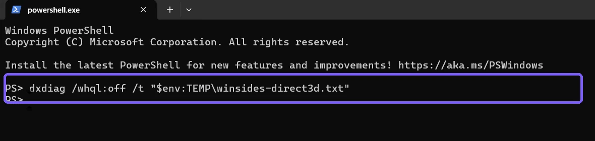 DxDiag temporary text report command outlined in purple