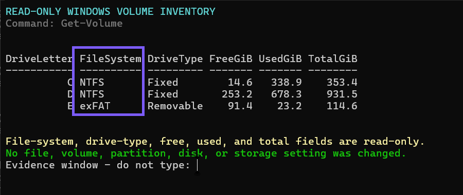 Windows PowerShell showing NTFS and exFAT file systems with the FileSystem column outlined in WinSides purple