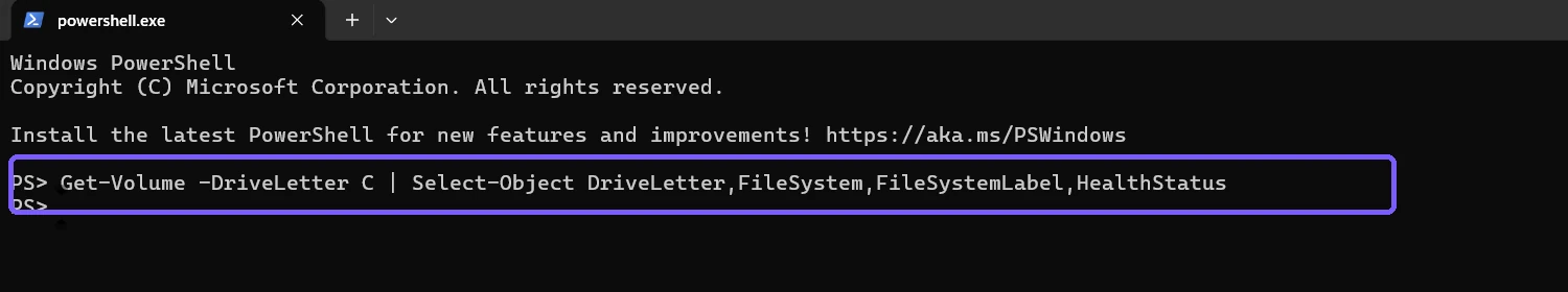 Windows Terminal showing the exact Get-Volume file-system command outlined in purple