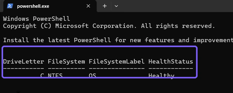 Get-Volume result showing drive C uses NTFS outlined in purple
