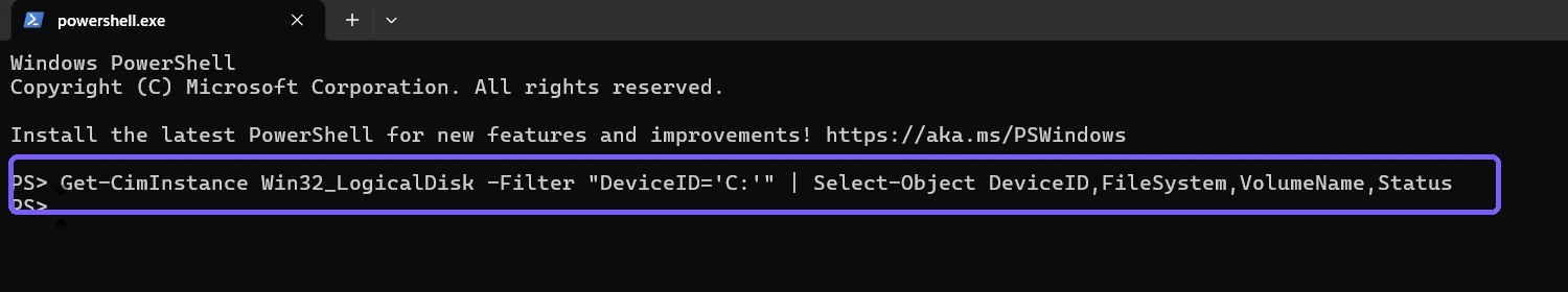 Windows Terminal showing the exact Win32 LogicalDisk CIM command outlined in purple