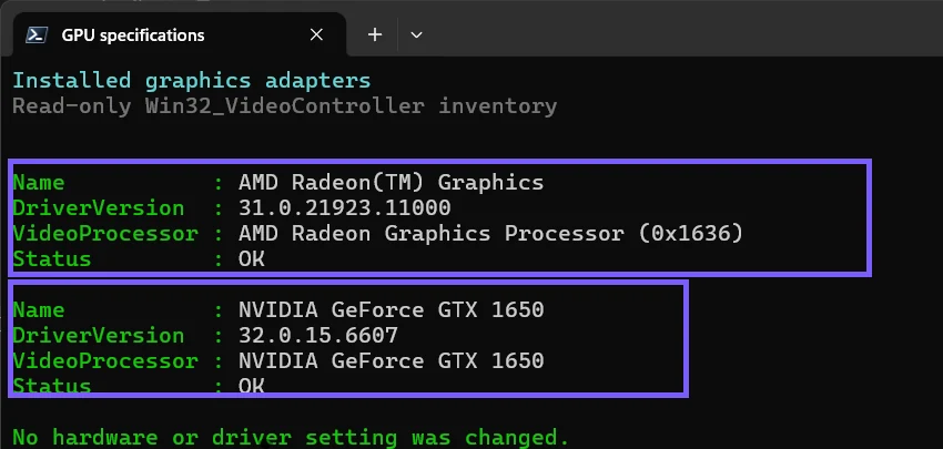 PowerShell output listing AMD Radeon Graphics and NVIDIA GeForce GTX 1650 adapters outlined in purple