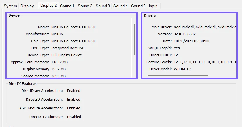 DirectX Diagnostic Tool Display 2 page with NVIDIA GeForce GTX 1650 device and driver fields outlined in purple