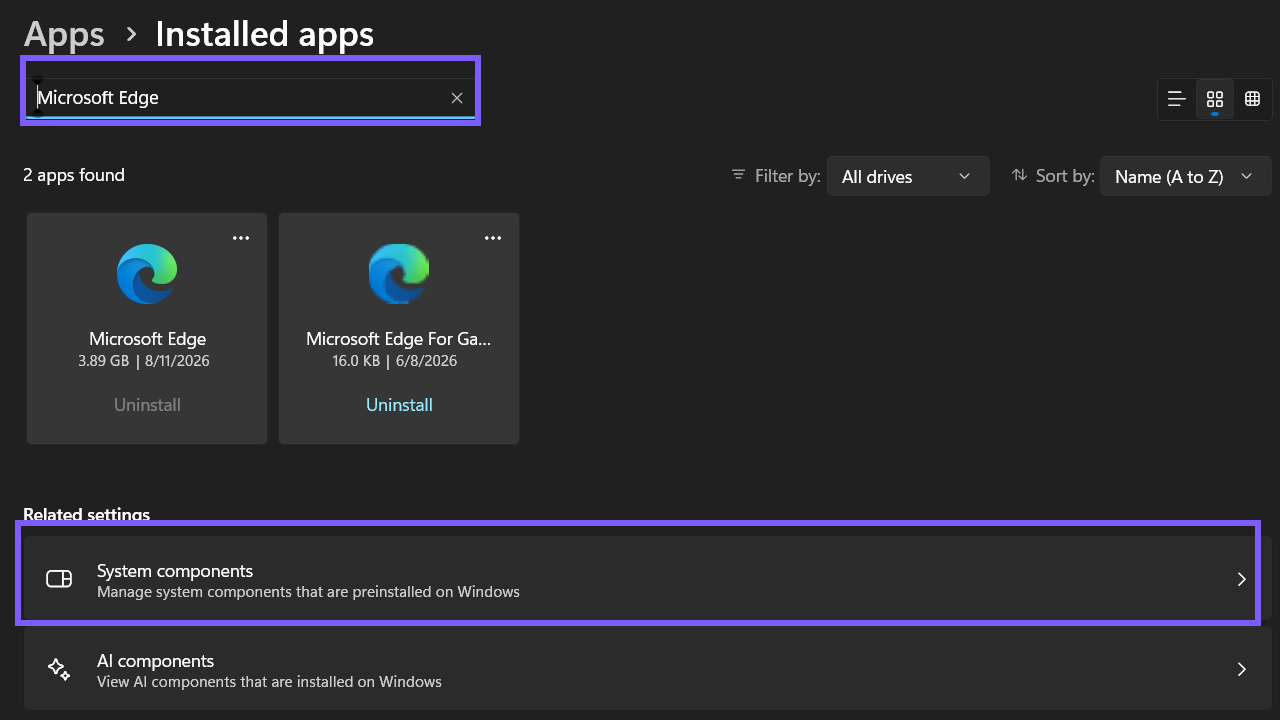 Windows 11 Installed apps page filtered to Microsoft Edge with the System components link outlined in purple