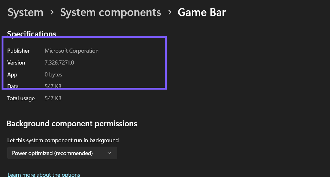 Game Bar system component specifications showing version 7.326.7271.0 outlined in purple