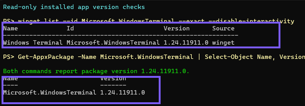 Targeted WinGet and PowerShell package commands showing Windows Terminal version 1.24.11911.0