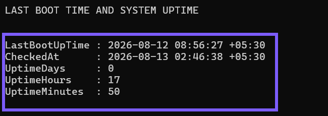 Windows PowerShell showing the last Windows restart time, check time, and calculated uptime outlined in WinSides purple
